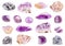 Set of various Amethyst gemstones isolated