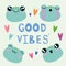 Set of various avatars of frog facial expressions. Text Good Vibes. vector illustration. Simple design of happy smiling