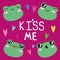 Set of various avatars of frog facial expressions. Text Kiss me. vector illustration. Simple design of happy smiling