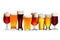 Set of various beer glasses. Different glasses of beer. Ale on white background.