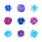 Set of Various Blue and Purple Watercolor Blooming Flowers Isolated on White
