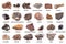 Set of various brown unpolished minerals with name