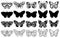 Set of various butterflies forms, silhouettes, ornate icons. Black and white.