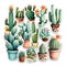 Set of various cacti in pots. Watercolor illustration.