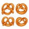 Set of various cartoon pretzels. Objects are separate from the background. German appetizer. Treats for the holidays. Bakery