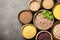 Set with various cereal grains and legumes on stone background