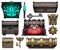 A set of various chests, simple wooden, strong iron, rare gold with patterns, as well as demonic and magical with eyes and skulls