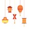 Set of various Chinese lanterns of diffrent collors and shapes.