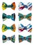 A set of various colorful abstract expressionism style bow tie designs isolated on white background