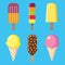 Set of various colorful fruity delicious ice cream including lolly ice, cones with different topping and fruit ice. Vector  EPS 10