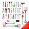 Set of various colorful gardening tools