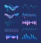 Set of various colorful sound music waves, audio or acoustic electronic signals isolated on dark background. Bundle of