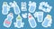 Set of various containers with clean water, glasses, bottles. Drink water concept. Stickers, icons