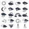 Set of various dark grey weather symbols, elements of forecast - icon of sun, cloud, rain, moon, snow, wind, whirlwind, rainbow