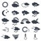 Set of various dark grey weather symbols, elements of forecast - icon of sun, cloud, rain, moon, snow, wind, whirlwind, rainbow