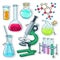 Set of various devices for chemical experiments, microscope, flasks, test tubes