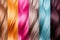 Set of various dyed human hair colorful strands background