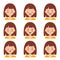 Set of various facial expressions of cute cartoon brown haired girl