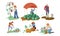 Set of various farmer people collecting natural eco food from the garden. Vector illustration in flat cartoon style.