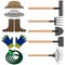 Set of various gardening tools with protective clothes. Items for gardening and farming. Set of farm tools. Garden instruments.