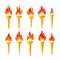 Set of various golden torches with a blazing fire. The fiery torch of the champion\\\'s victory. Flame icons