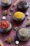 Set of various Indian spices on rusted wooden background