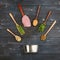 Set of various ingredients in wooden spoons for pet food.