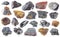 Set of various iron ore minerals cutout on white