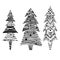 Set of various lagom firs with hatching and scribble. Hand-drawn Christmas trees with toys. Vector ink element