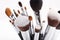 Set of various makeup brushes on white background.