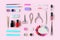 Set of various manicure and pedicure tools and accessories on pink background.