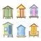 A set of various, multi-colored beach houses, striped, wooden garages. Watercolor illustration, isolated objects on a