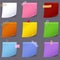 Set of various note papers with curled corner and adhesive tape. Vector color paper sticky memos with shadow template.