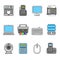 Set of various office equipment, symbols and objects. Colorful outlined icon collection.