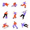 Set of various parkour young men running and jumping in different action poses. Vector illustration in flat cartoon