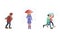 Set of various people on a rainy, snowy and windy day. Vector illustration in flat cartoon style.