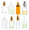 Set of various perfume spray glass vials isolated