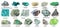 Set of various raw green stones with names cutout