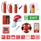 Set of various red metal fire extinguishers. Signs, thermometers, helmet.