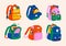 Set of various school backpack and schoolbag. Collection of colorful children bags with stationary