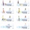 Set of various shopping in store vector flat illustration. Collection of different man, woman, family and child with