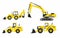 Set of various special equipment. Loaders, excavators