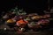 A set of various spices in bowls on a dark background. Generative AI