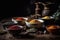 A set of various spices in bowls on a dark background. Generative AI