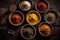 A set of various spices in bowls on a dark background. Generative AI