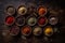 A set of various spices in bowls on a dark background. Generative AI