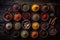 A set of various spices in bowls on a dark background. Generative AI