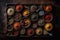 A set of various spices in bowls on a dark background. Generative AI