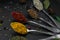 Set of various spices and herbs on black slate background. Pepper, turmelic, ginger, saffron, basil, rosemary, chilly, cardamom,