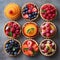 A set of various tartlets with berries and exotic fruits. Generative AI